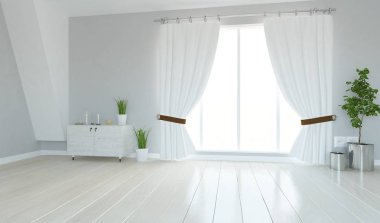 Boş İskandinav odası iç ahşap zemin üzerinde şifoniyer ile fikir. Ev nordic iç. 3D çizim