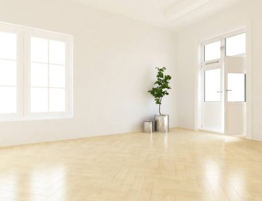 Beyaz boş İskandinav odası iç ahşap zemin üzerinde bitki ile fikir. Ev nordic iç. 3D çizim - illüstrasyon