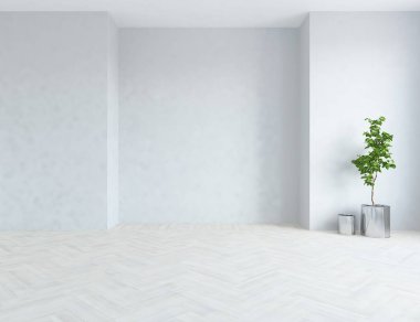 Beyaz boş İskandinav odası iç ahşap zemin üzerinde bitki ile fikir. Ev nordic iç. 3D çizim - illüstrasyon