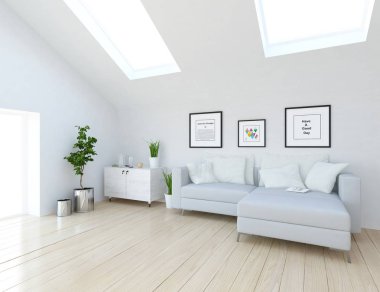 Bir İskandinav oturma odası iç kanepe, bitkiler ve ahşap zemin ile fikir. Ev nordic iç. 3D çizim 