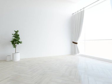 Beyaz boş İskandinav odası iç ahşap zemin üzerinde bitki ile fikir. Ev nordic iç. 3D çizim - illüstrasyon