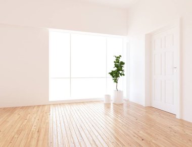 Boş İskandinav odası iç ahşap zemin üzerinde bitki ile fikir. Ev nordic iç. 3D çizim - illüstrasyon