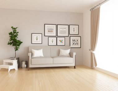 Boş İskandinav odası iç ahşap zemin üzerinde bitki ile fikir. Ev nordic iç. 3D çizim - illüstrasyon