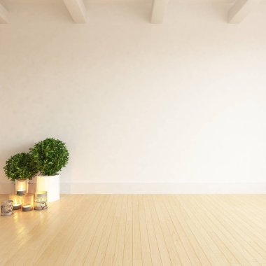 Boş İskandinav odası iç ahşap zemin üzerinde bitkiler ile fikir. Ev nordic iç. 3D çizim