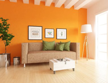 Boş İskandinav odası iç ahşap zemin üzerinde bitki ile fikir. Ev nordic iç. 3D çizim - illüstrasyon