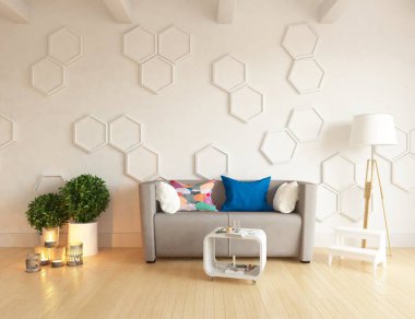 Bir İskandinav oturma odası iç kanepe, bitkiler ve ahşap zemin ile fikir. Ev nordic iç. 3D çizim 