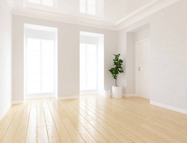 Boş İskandinav odası iç ahşap zemin üzerinde bitki ile fikir. Ev nordic iç. 3D çizim - illüstrasyon