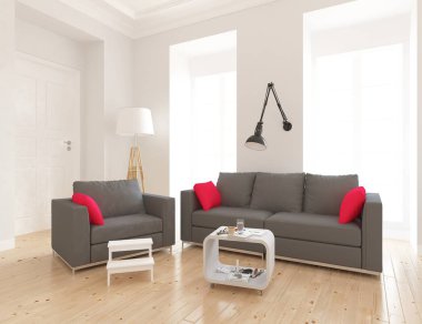 Bir İskandinav oturma odası iç kanepe ve yastıklar, ahşap zemin üzerinde fikir. Ev nordic iç. 3D çizim - illüstrasyon