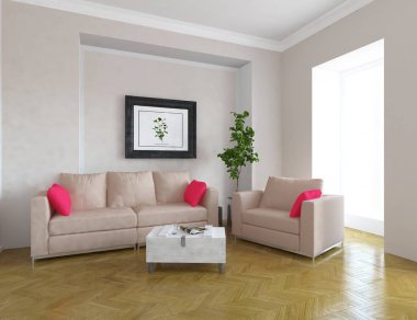 Boş İskandinav odası iç ahşap zemin üzerinde bitki ile fikir. Ev nordic iç. 3D çizim - illüstrasyon