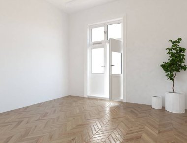 Boş İskandinav odası iç ahşap zemin üzerinde bitki ile fikir. Ev nordic iç. 3D çizim - illüstrasyon