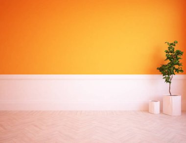 Boş İskandinav odası iç ahşap zemin üzerinde bitki ile fikir. Ev nordic iç. 3D çizim - illüstrasyon