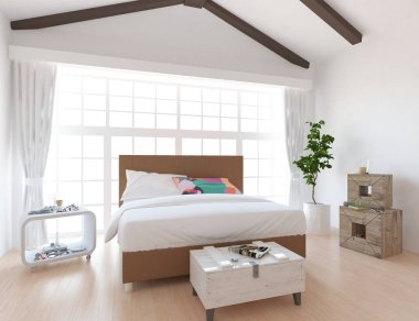 Bir beyaz İskandinav oturma odası iç yatak ve ahşap zemin düşüncesi. Ev nordic iç. 3D çizim 