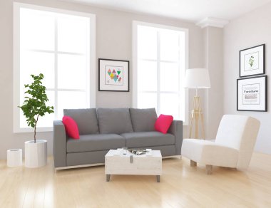 Boş İskandinav odası iç ahşap zemin üzerinde bitki ile fikir. Ev nordic iç. 3D çizim - illüstrasyon