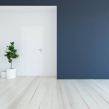 Boş İskandinav odası iç ahşap zemin üzerinde bitki ile fikir. Ev nordic iç. 3D çizim - illüstrasyon