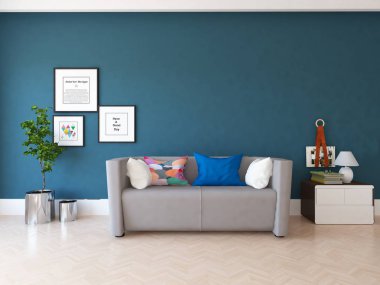 Boş İskandinav odası iç ahşap zemin üzerinde bitki ile fikir. Ev nordic iç. 3D çizim - illüstrasyon