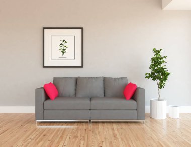 Boş İskandinav odası iç ahşap zemin üzerinde bitki ile fikir. Ev nordic iç. 3D çizim - illüstrasyon