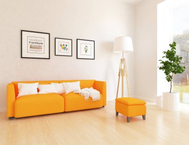 İskandinav oturma odası iç kanepe, bitki ve ahşap zemin ile fikir. Ev nordic iç. 3D çizim 