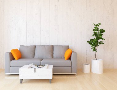 İskandinav oturma odası iç kanepe, bitki ve ahşap zemin ile fikir. Ev nordic iç. 3D çizim 