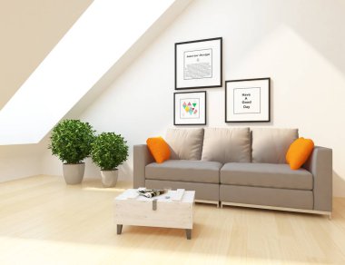 Bir İskandinav oturma odası iç kanepe, bitkiler ve ahşap zemin ile fikir. Ev nordic iç. 3D çizim 