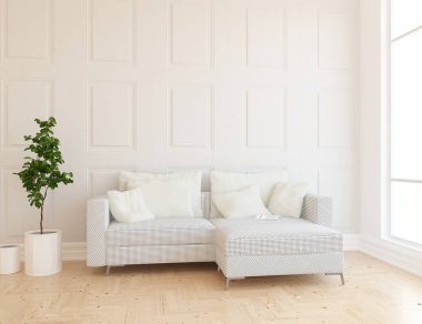 İskandinav oturma odası iç kanepe, bitki ve ahşap zemin ile fikir. Ev nordic iç. 3D çizim 