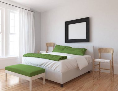 Bir beyaz İskandinav oturma odası iç yatak ve ahşap zemin düşüncesi. Ev nordic iç. 3D çizim 