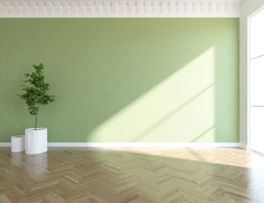 Boş İskandinav odası iç ahşap zemin üzerinde bitki ile fikir. Ev nordic iç. 3D çizim - illüstrasyon