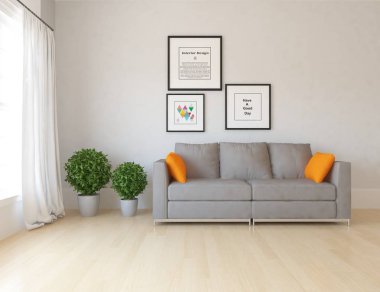 Bir İskandinav oturma odası iç kanepe, bitkiler ve ahşap zemin ile fikir. Ev nordic iç. 3D çizim 