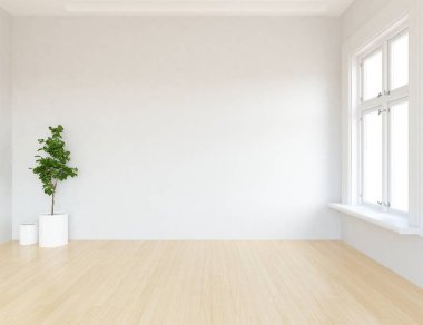 Beyaz boş İskandinav odası iç ahşap zemin üzerinde bitki ile fikir. Ev nordic iç. 3D çizim - illüstrasyon