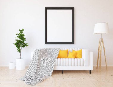 İskandinav oturma odası iç kanepe, bitki ve ahşap zemin ile fikir. Ev nordic iç. 3D çizim 