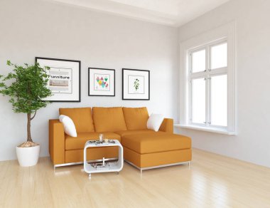 İskandinav oturma odası iç kanepe, bitki ve ahşap zemin ile fikir. Ev nordic iç. 3D çizim 