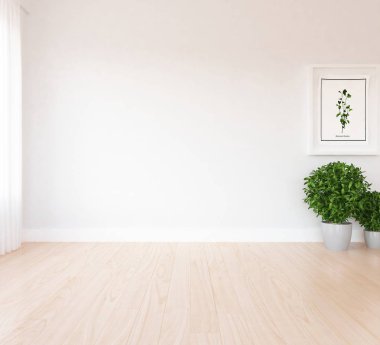 Boş İskandinav odası iç ahşap zemin üzerinde fikir. Ev nordic iç. 3D çizim