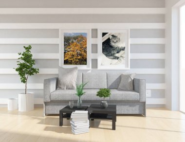 Bir İskandinav oturma odası iç kanepe, bitkiler ve ahşap zemin ile fikir. Ev nordic iç. 3D çizim 