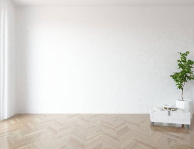 Beyaz boş İskandinav odası iç ahşap zemin üzerinde bitki ile fikir. Ev nordic iç. 3D çizim - illüstrasyon