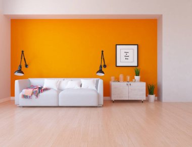 Bir İskandinav oturma odası iç kanepe, bitkiler ve ahşap zemin ile fikir. Ev nordic iç. 3D çizim 