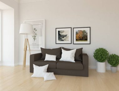 Bir İskandinav oturma odası iç kanepe, bitkiler ve ahşap zemin ile fikir. Ev nordic iç. 3D çizim 