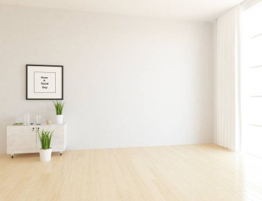 Boş İskandinav odası iç ahşap zemin üzerinde fikir. Ev nordic iç. 3D çizim