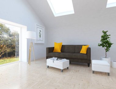 İskandinav oturma odası iç kanepe, bitki ve ahşap zemin ile fikir. Ev nordic iç. 3D çizim 