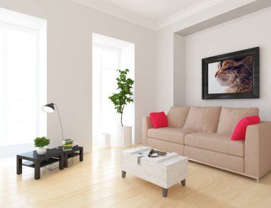 Bir İskandinav oturma odası iç kanepe, bitkiler ve ahşap zemin ile fikir. Ev nordic iç. 3D çizim 