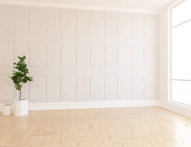 Beyaz boş İskandinav odası iç ahşap zemin üzerinde bitki ile fikir. Ev nordic iç. 3D çizim - illüstrasyon