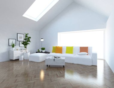 Bir İskandinav oturma odası iç kanepe, bitkiler ve ahşap zemin ile fikir. Ev nordic iç. 3D çizim 