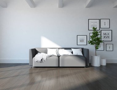 İskandinav oturma odası iç kanepe, bitki ve ahşap zemin ile fikir. Ev nordic iç. 3D çizim 