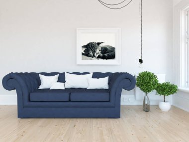 Bir İskandinav oturma odası iç kanepe, bitkiler ve ahşap zemin ile fikir. Ev nordic iç. 3D çizim 