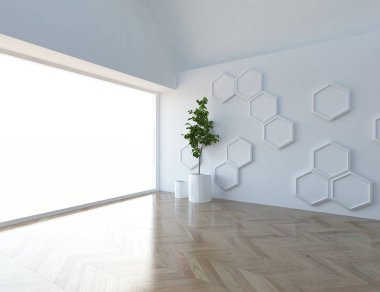 Beyaz boş İskandinav odası iç ahşap zemin üzerinde bitki ile fikir. Ev nordic iç. 3D çizim - illüstrasyon