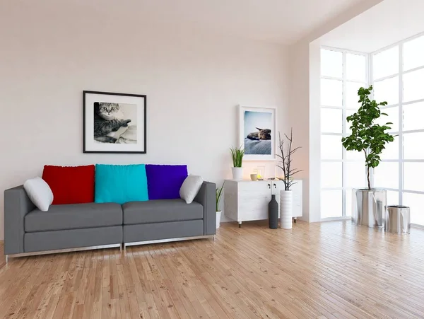 Představu Interiéru Skandinávskou Obývacího Pokoje Pohovkou Rostliny Dřevěné Podlahy Domácí — Stock fotografie