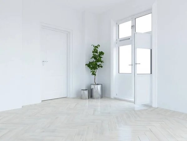 Idea of a white empty scandinavian room interior with plant on wooden floor  . Home nordic interior. 3D illustration - Illustration