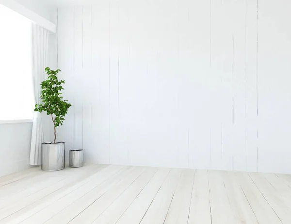 Idea Habitación Escandinava Vacía Interior Con Planta Sobre Suelo Madera — Foto de Stock