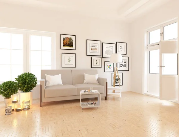 Idea Scandinavian Living Room Interior Sofa Plants Frames Wooden Floor — стоковое фото