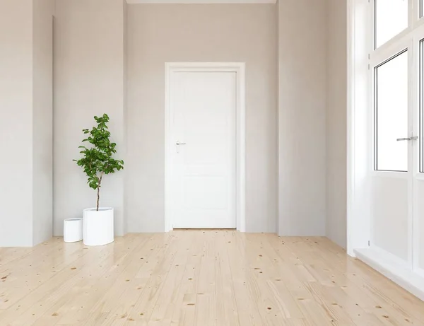 Idea of empty scandinavian room interior with plant on wooden floor  . Home nordic interior. 3D illustration - Illustration