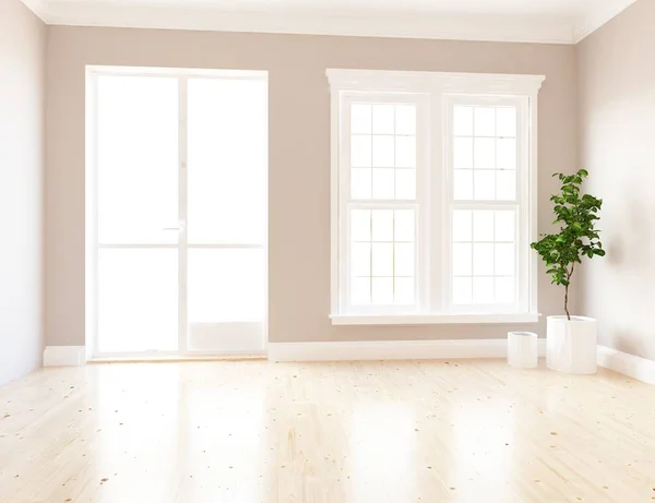 white room interior with windows and plant . Scandinavian interior design. 3d illustration
