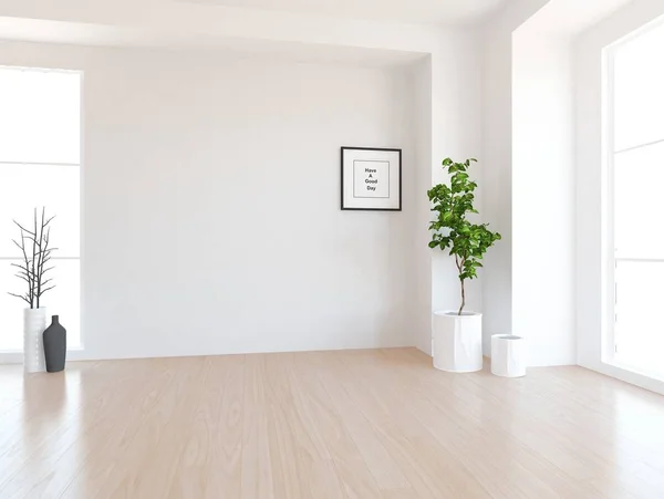 一个白色的空斯堪的纳维亚房间内部与植物在木地板的想法 家北欧内饰 — 图库照片